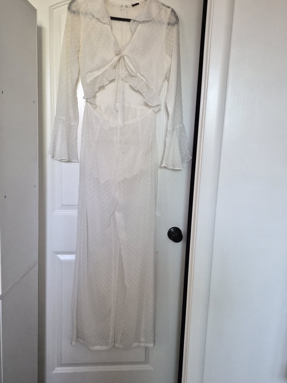 Sheer Ivory Tie-Front Jumpsuit Sheer Longsleeve Cropped Fashion Nude